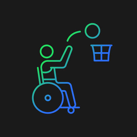 Wheelchair basketball gradient vector icon for dark the. Adaptive basketball. Wheelchair sportsman. Disabled athletes. Thin line color symbol. Modern style pictogram. Vector isolated outline drawingのイラスト素材