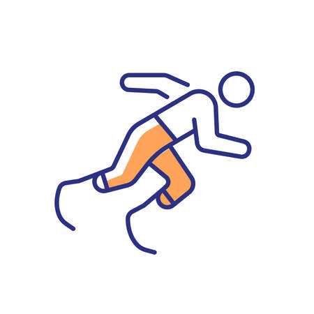 Athletics RGB color icon. Sportsman run across track. Single sport competition. Track, road and field events. Athlete with disability. Isolated vector illustration. Simple filled line drawingのイラスト素材