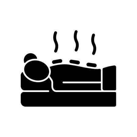 Hot stone massage black glyph icon. Relaxing body muscles. Apply heated stones. Encourage blood flow through body. Therapeutic technique. Silhouette symbol on white space. Vector isolated illustrationのイラスト素材