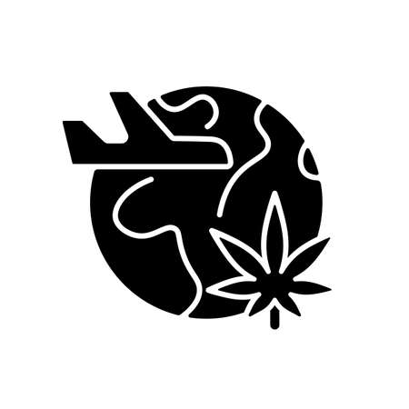 Cannabis tourism black glyph icon. Marijuana tours. Travel industry. Cannabis tourist attraction. Legalization benefit for business. Silhouette symbol on white space. Vector isolated illustrationのイラスト素材