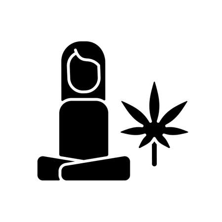 Cannabis stress therapy black glyph icon. Mental health benefits. Depression, anxiety treatment. Medicinal herb. Antidepressant effect. Silhouette symbol on white space. Vector isolated illustrationのイラスト素材