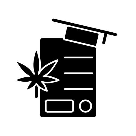Cannabis education black glyph icon. Training for cannabis industry. Pharmaceutical science. Academic program. Medical marijuana law. Silhouette symbol on white space. Vector isolated illustrationのイラスト素材
