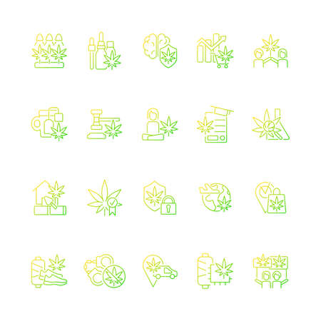 Cannabis in everyday life gradient linear vector icons set. Marijuana cultivation. Legalizing hemp worldwide. Thin line contour symbols bundle. Isolated outline illustrations collectionのイラスト素材