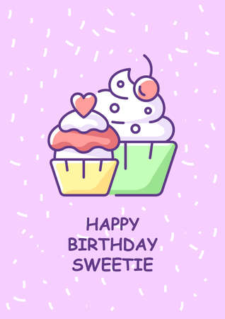 Happy Birthday sweetie greeting card with color icon element. Festive cupcakes and candies. Postcard vector design. Decorative flyer with creative illustration. Notecard with congratulatory messageのイラスト素材