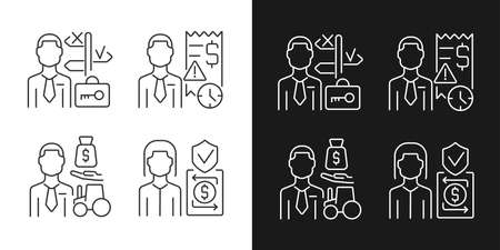Financial occupation linear icons set for dark and light mode. Finance institutions workers. Trust assistance. Customizable thin line symbols. Isolated vector outline illustrations. Editable strokeのイラスト素材