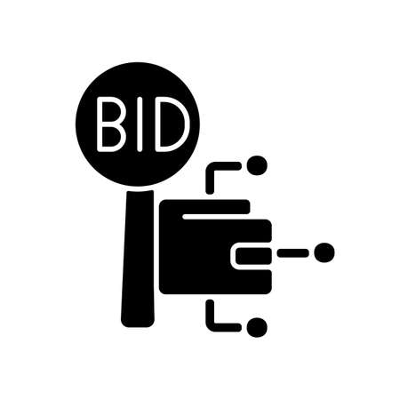 Cryptocurrency auction black glyph icon. Crypto currency bidding and trading. High technology. Digital money. Online sales. Silhouette symbol on white space. Vector isolated illustrationのイラスト素材