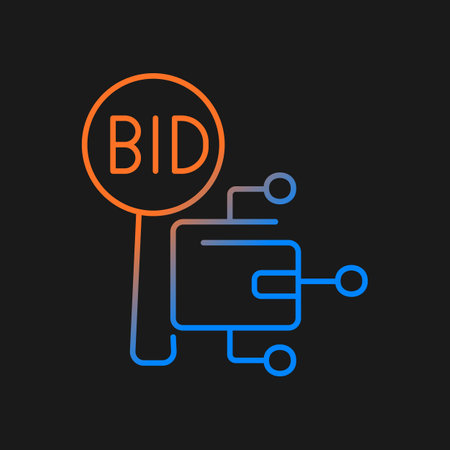 Cryptocurrency auction gradient vector icon for dark theme. Crypto currency bidding and trading. High technology. Thin line color symbol. Modern style pictogram. Vector isolated outline drawingのイラスト素材