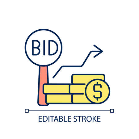 Bid increments RGB color icon. Minimum price increasing. Competitive bargaining. Bidding for items. Public sales. Isolated vector illustration. Simple filled line drawing. Editable strokeのイラスト素材