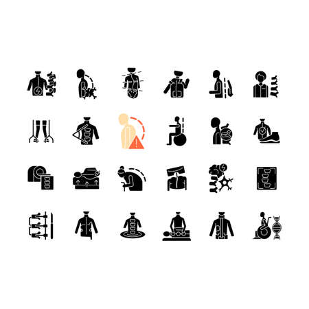 Scoliosis black glyph icons set on white space. Scoliosis stages and types. Physical diseases and disabilities. Spinal bones curvature and deformation. Silhouette symbols. Vector isolated illustrationのイラスト素材