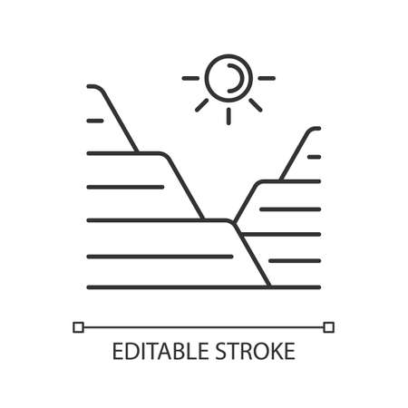 Loess linear icon. Sediment landform. Windblown dust and silt formation. Mountain slope land type. Thin line customizable illustration. Contour symbol. Vector isolated outline drawing. Editable strokeのイラスト素材
