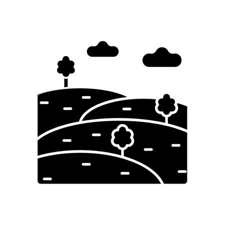 Hills black glyph icon. Natural elevation. Land formation raised above surface. Medium height mountain. Tall ground bump. Silhouette symbol on white space. Vector isolated illustrationのイラスト素材
