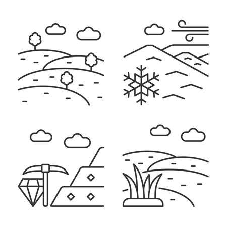 Land diversity linear icons set. Natural ground elevation. Minerals mining industry. Perennial ice. Customizable thin line contour symbols. Isolated vector outline illustrations. Editable strokeのイラスト素材