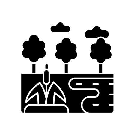 Wetland black glyph icon. Water covered land type. Wet landform. Swamp and peatland. Aquatic terrain. Biome with high humidity. Silhouette symbol on white space. Vector isolated illustrationのイラスト素材