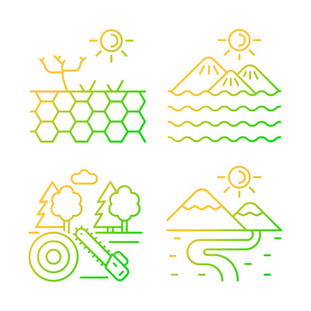 Diverse landforms gradient linear vector icons set. Barren and working soil. Forest cutting industry. Terrestrial landforms. Thin line contour symbols bundle. Isolated outline illustrations collectionのイラスト素材