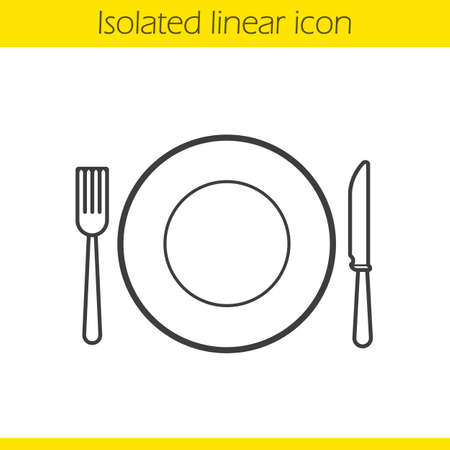 Eatery linear icon. Tableware set thin line illustration. Cafe and restaurant contour symbol. Vector isolated outline drawingのイラスト素材