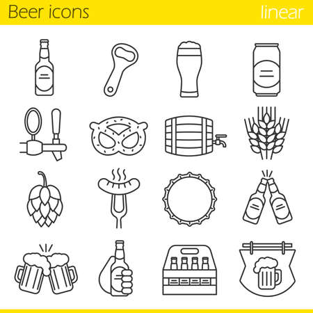 Beer linear icons set. Bar and pub thin line contour symbols. Beer glass, bottle, can, mug, keg, crate, tap, cap, bottle opener. Sausage, brezel, rye, hop and bar sign. Isolated vector illustrationsのイラスト素材