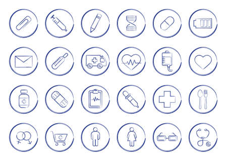 Medicine pen drawing linear icons. Vector line art symbols isolated on whiteのイラスト素材