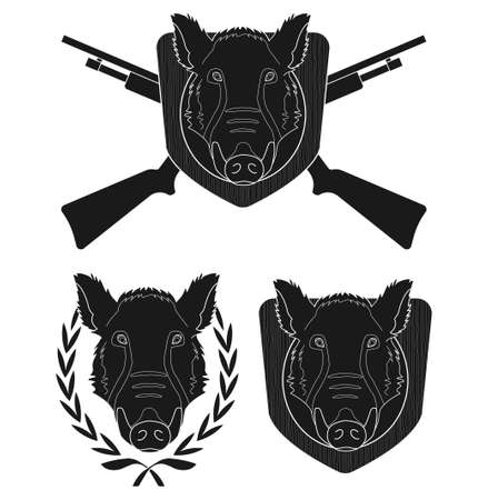 Hunting trophy. Wild boar head with 2 crossed shotguns, laurel wreath, wood shield. Vector black clip art silhouette illustration isolate on whiteのイラスト素材