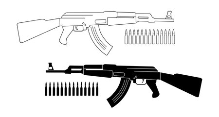 Assault rifle with bullets. Game resources. Vector contour lines and silhouette clip art illustration isolated on whiteのイラスト素材