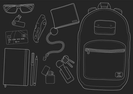EDC set. Every day carry man items collection. Vector isolated items. Chalkのイラスト素材