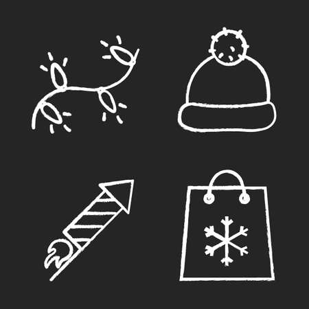 Christmas and New Year chalk icons set. Xmas tree garland, rocket firework, winter hat, shopping bag with snowflake. Isolated vector chalkboard illustrationsのイラスト素材