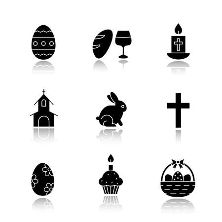 Easter drop shadow black icons set. Wine and bread, cross, church, Easter bunny, eggs in basket, cake with candle. Isolated vector illustrationsのイラスト素材