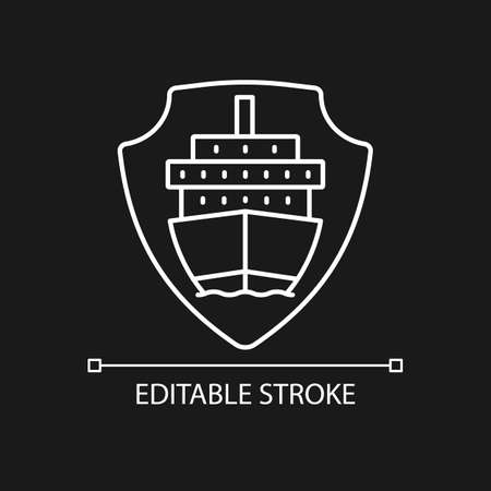 International shipping vessel protection white linear icon for dark theme. Safe delivery by sea. Thin line customizable illustration. Isolated vector contour symbol for night mode. Editable strokeのイラスト素材