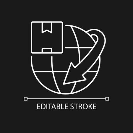 International order delivery service white linear icon for dark theme. Worldwide parcels shipping. Thin line customizable illustration. Isolated vector contour symbol for night mode. Editable strokeのイラスト素材