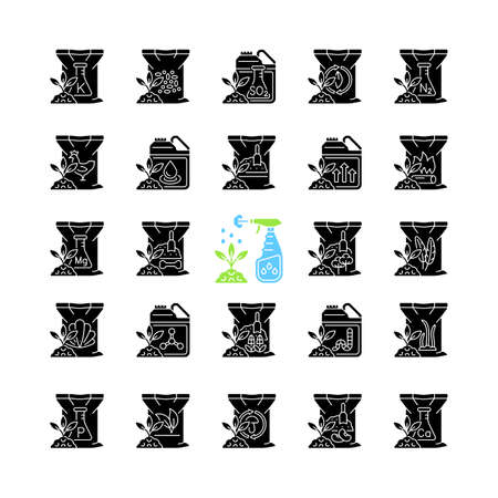Fertilizers type black glyph icons set on white space. Organic and chemical supplements. Soil and plants additives. Growth increasing. Silhouette symbols. Vector isolated illustrationのイラスト素材