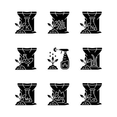 Granular fertilizers black glyph icons set on white space. Dry supplements for soil and plant. Plants growth and thrive increasing. Silhouette symbols. Vector isolated illustrationのイラスト素材