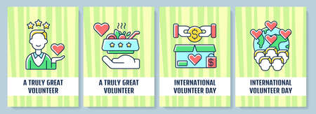 Volunteerism celebration greeting card with color icon element set. Truly great volunteer. Postcard vector design. Decorative flyer with creative illustration. Notecard with congratulatory messageのイラスト素材