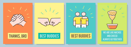 Friendship celebration greeting card with color icon element set. Best buddies. Postcard vector design. Decorative flyer with creative illustration. Notecard with congratulatory messageのイラスト素材