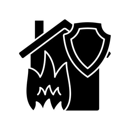 Fire home insurance black glyph icon. Protecting house from fire damage. Guaranteed financial safety at fire accident. Silhouette symbol on white space. Vector isolated illustrationのイラスト素材