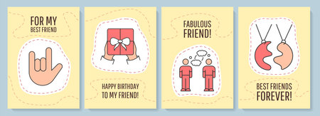Friendship greeting card with color icon element set. Bond and relation with friend. Postcard vector design. Decorative flyer with creative illustration. Notecard with congratulatory messageのイラスト素材