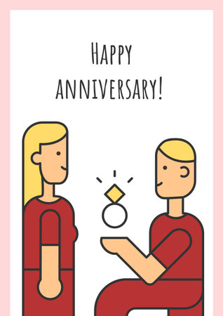 Happy anniversary greeting card with color icon element. Wedding proposal. Loving couple. Postcard vector design. Decorative flyer with creative illustration. Notecard with congratulatory messageのイラスト素材