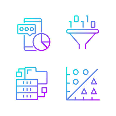 Data mining tools gradient linear vector icons set. Techniques to extract and analyze information. Virtual research. Thin line contour symbols bundle. Isolated outline illustrations collectionのイラスト素材