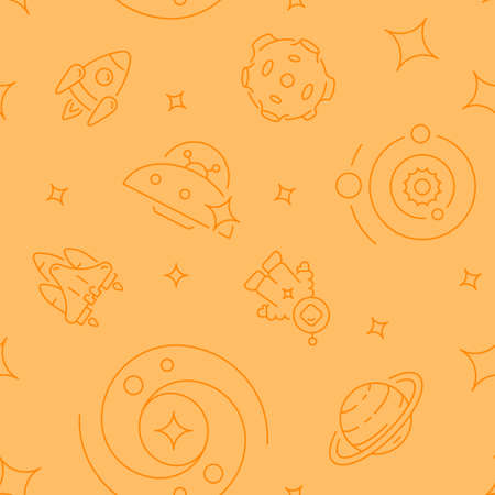 Interplanetary space abstract seamless pattern. Vector shapes on orange background. Trendy texture with cartoon color icons. Design with graphic elements for interior, fabric, website decorationのイラスト素材