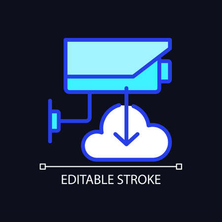 CCTV and phone connection pixel perfect RGB color icon for dark theme. Wireless access to security recording. Simple filled line drawing on night mode background. Editable stroke. Arial font usedのイラスト素材