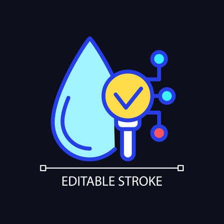 Water safety pixel perfect RGB color icon for dark theme. Liquid, fluid proof technology. Internet of Things. Simple filled line drawing on night mode background. Editable stroke. Arial font usedのイラスト素材