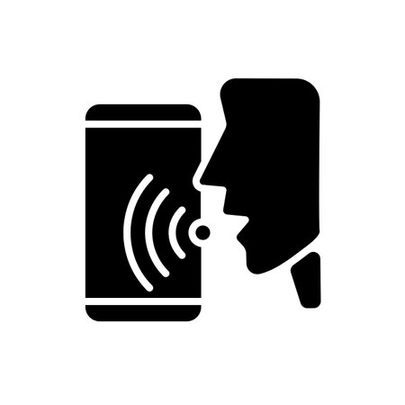 Voice control black glyph icon. Audio command for application. Internet of Things. smart appliance tech. Silhouette symbol on white space. solid pictogram. Vector isolated illustrationのイラスト素材