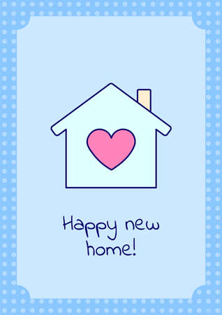 Happy new home greeting card with color icon element. Celebrating relocation. Postcard vector design. Decorative flyer with creative illustration. Notecard with congratulatory message on blueのイラスト素材