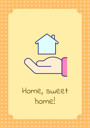 Home, sweet home greeting card with color icon element. Welcome to new place. Postcard vector design. Decorative flyer with creative illustration. Notecard with congratulatory message on orangeのイラスト素材