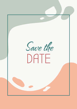 Save date greeting card with color icon element. wedding invitation. Postcard vector design. Decorative flyer with creative illustration. Notecard with congratulatory message on pink and grayのイラスト素材