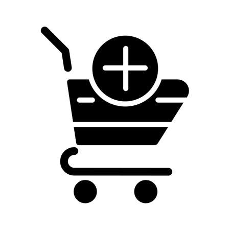 Shopping cart black glyph icon. Selected items in basket. website interface. online shopping. Goods assortment. Silhouette symbol on white space. solid pictogram. Vector isolated illustrationのイラスト素材