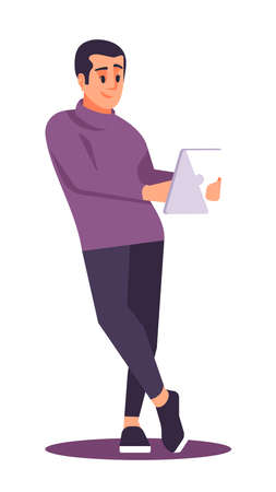 Feeling comfortable at work semi flat RGB color vector illustration. Young man playing on tablet isolated cartoon character on white backgroundのイラスト素材