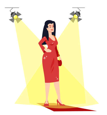 Famous actress under spotlights semi flat RGB color vector illustration. mass media occupation. Woman in luxury red dress isolated cartoon character on white backgroundのイラスト素材