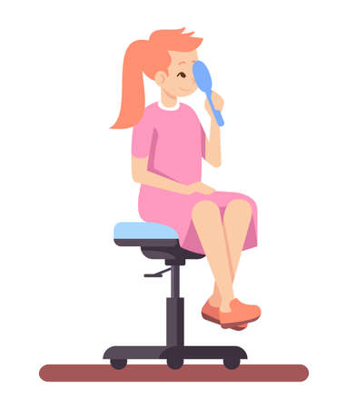 Eye examination semi flat RGB color vector illustration. health screening. Smiling girl checking eye vision isolated cartoon character on white backgroundのイラスト素材