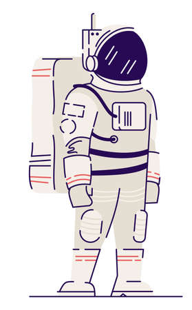 Ready for space travel semi flat RGB color vector illustration. Male cosmonaut in fully equipped spacesuit isolated cartoon character on white backgroundのイラスト素材