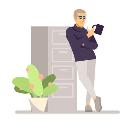 Taking coffee break at work semi flat RGB color vector illustration. Standing smiling man with mug isolated cartoon character on white backgroundのイラスト素材