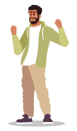 Win jackpot semi flat RGB color vector illustration. Bearded man standing in winner pose isolated cartoon character on white backgroundのイラスト素材